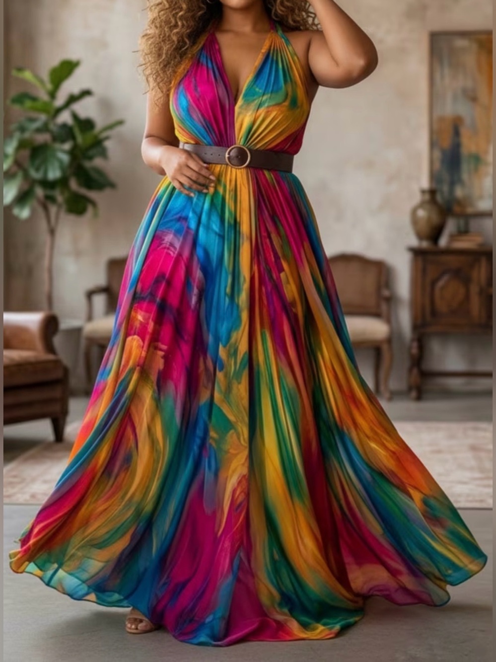 Vibrant Multicolor Halter Maxi Dress
